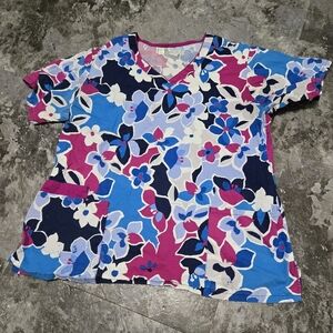 Bring It On Floral Print V-Neck Short Sleeve Scrup Top Size XL